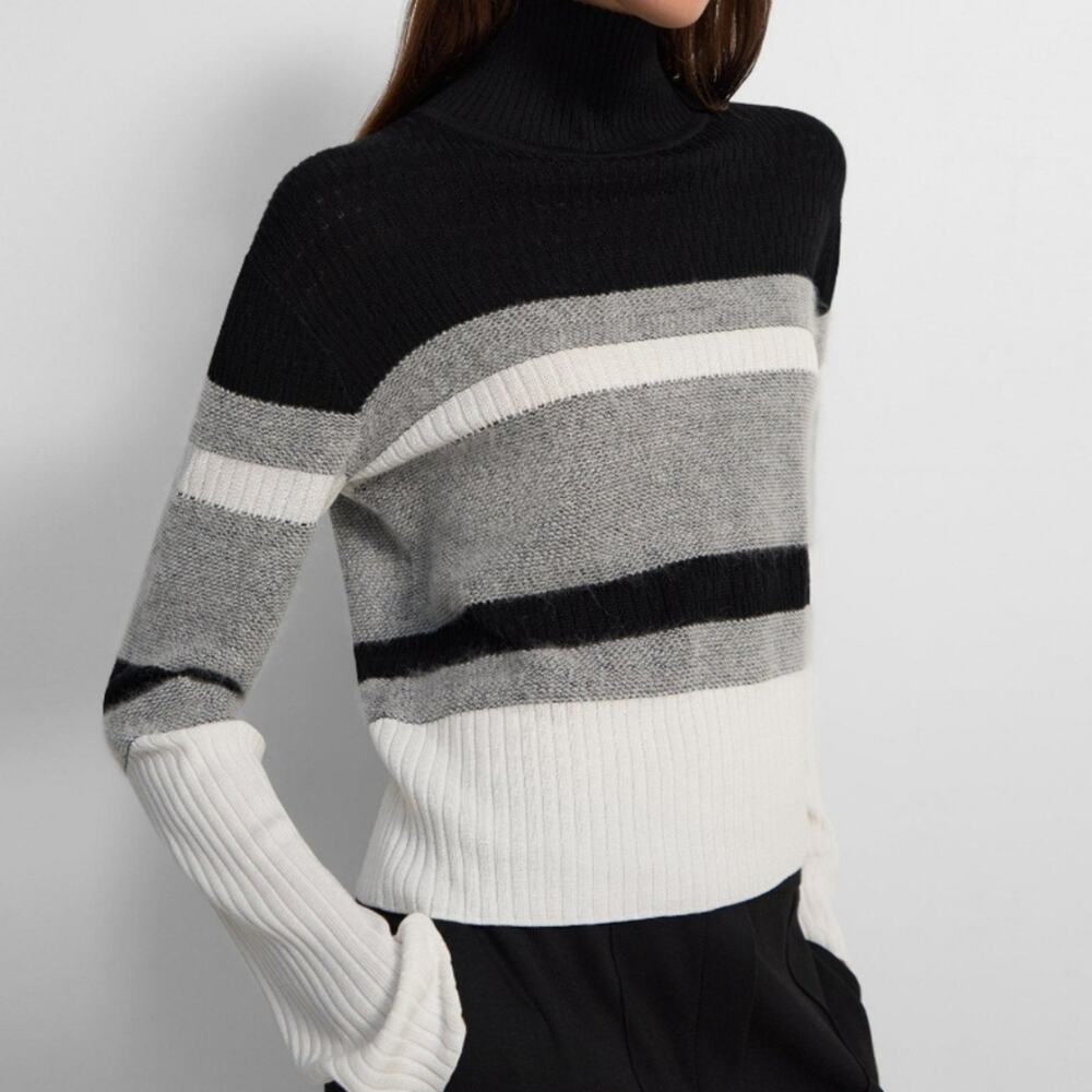 Theory Racking Stripe Silk Cotton Double Knit Cropped Sweater M